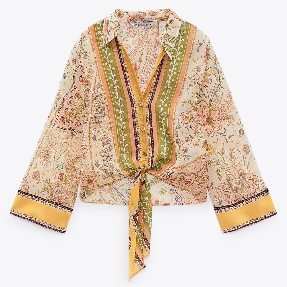 Zara Tie-front Printed Bell Cuff Sleeve Blouse